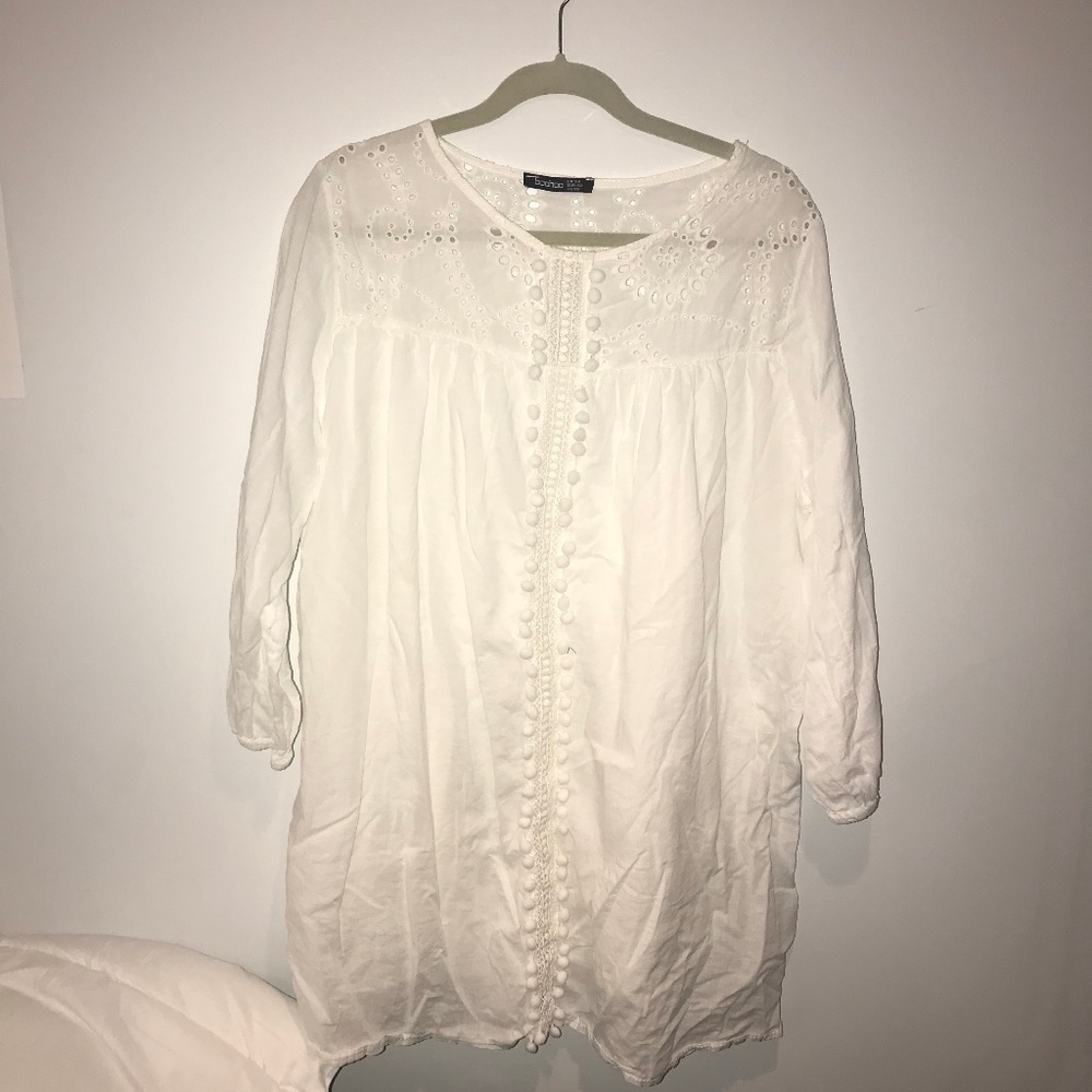 Pompom Broderie Smock Dress